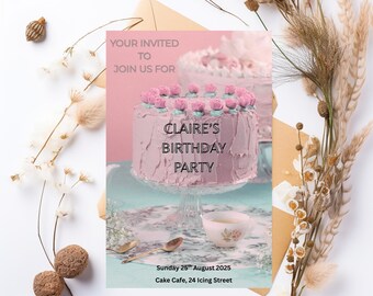 Vintage Tee-Party-Geburtstags-Einladung | Rosa Blumen-Torte (Digital Download)