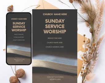 Bearbeitbare Einladungsvorlage zum Sonntagsgottesdienst | Druckbarer Faltflyer für Kirchenanbetung | Digitaler Download
