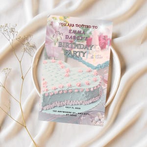 Vintage-Inspired Birthday Invitation Editable Pastel Heart Cake Birthday Invitation – Digital Download | Printable Girl&#39;s Party Invite 5x7&quot;