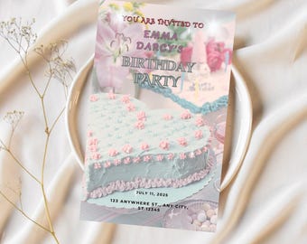Pastel Heart Cake Geburtstagseinladung - Vintage Girl's Party (Digitaler Download)