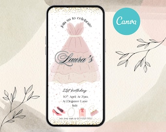 Bearbeitbar 21. Geburtstagseinladung | Elegantes Kleid Thema | Parfüm Halskette Heels Handtasche | Digitale Einladungsvorlage