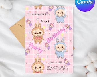 Labubu Geburtstagseinladung, Pastell Party, printable einladen (digitaler Download)