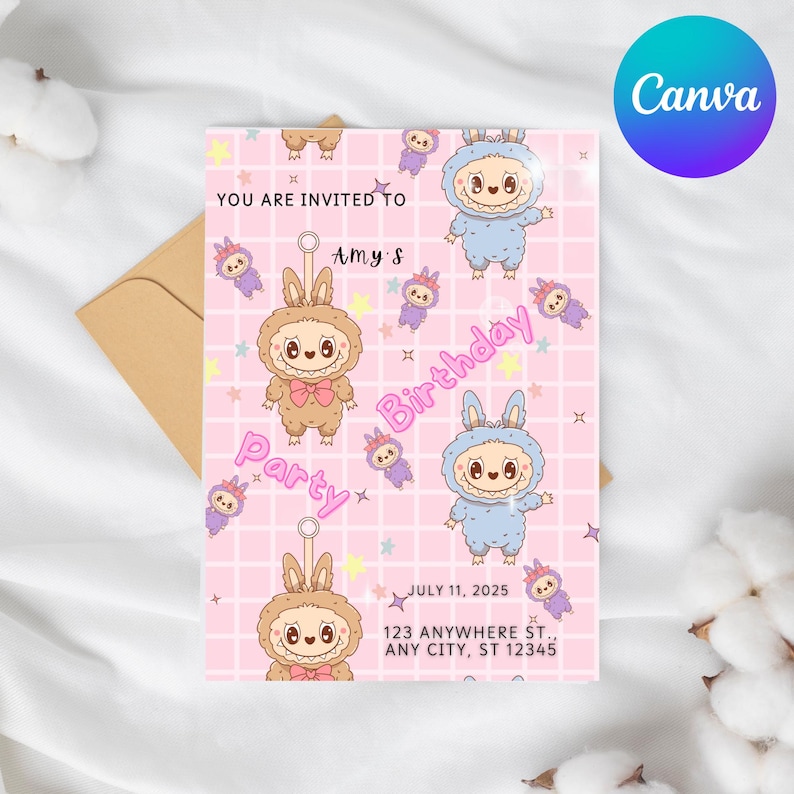 May include: A pink birthday party invitation with cartoon characters and text. The invitation features a bunny-like character and the words "You are invited to Amy's Birthday Party" and the date July 11, 2025.