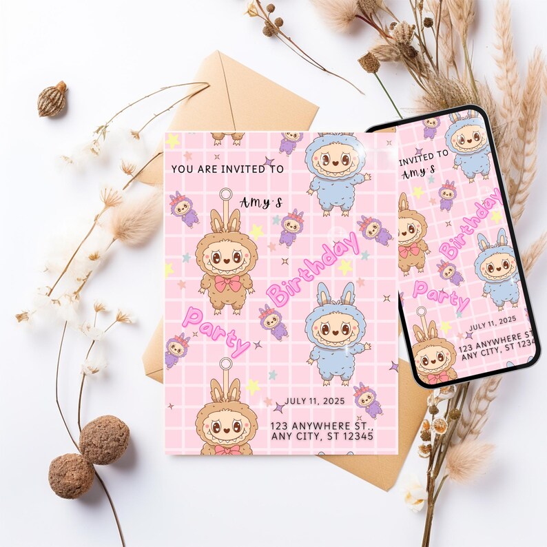 May include: Pink birthday party invitation with cartoon characters, text "YOU ARE INVITED TO Amy's Birthday Party", and date July 11, 2025. The invitation features a bunny and bear character design. A smartphone displays the same invitation.
