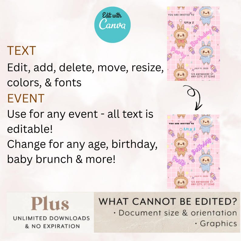 May include: Pink birthday party invitation template with cartoon characters. The invitation includes editable text, colors, and fonts. The design features the text "You are invited to Amy's Birthday Party" and event details. The image also includes the Canva logo.