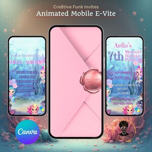 May include: Animated mobile e-vite design featuring a pink envelope with a wax seal, flanked by two smartphones. The phones display mermaid-themed party invitations with text and illustrations. The design includes the text "Cre8tive Funk Invites".