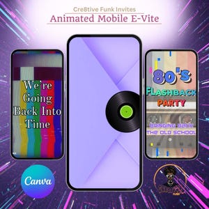 Peut inclure: Conception d'e-invitation mobile animée avec trois maquettes de smartphones. Le design présente un thème rétro avec le texte "We're Going Back Into Time" et "80's Flashback Party". Un graphique de disque vinyle est également inclus.