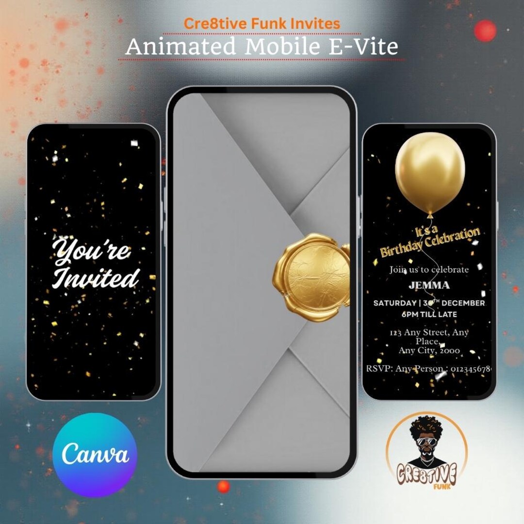 Animated Black Gold Birthday Invitation | Editable Canva Template ...