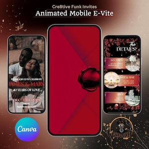 May include: Three smartphones displaying an animated mobile e-vite for a 40th anniversary celebration. The screens show a couple, a red envelope with a wax seal, and event details including location, date, time, and RSVP information in gold text.