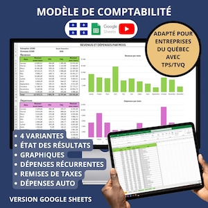 May include: A digital accounting template for Google Sheets, featuring revenue and expense tracking. The image displays charts and tables, with text in French, including "Adapted for Quebec businesses with TPS/TVQ."