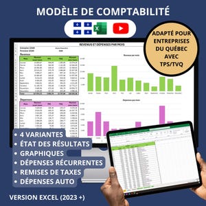 May include: A digital accounting template for Quebec businesses, displayed on a tablet and a monitor. The screen shows revenue and expense charts, with the text "Model of Accounting" at the top. Features include 4 variants, results, graphics, recurring expenses, tax rebates, and auto expenses.