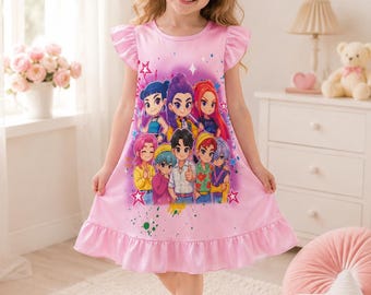 Huntrix Birthday Girl Kids Ruffle Sleeve Dress, Kpop Demon Hunters Party Dress for Girls, Cute Anime Birthday Outfit, Kpop Birthday Outfit
