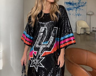 San Antonio Spurs Sequin Shirt Dress, Sparkly Spurs Game Day Dress, Texas Basketball Fan Sequin Top, Glam Sports Outfit, Spurs Party Dress