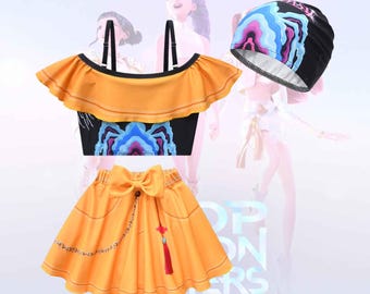 Mira Kpop Demon Hunters Swimsuit for Girls, Huntrix Anime One Piece with Swim Cap Kids Swimwear, Cute Summer Beach Outfit, Toddler Beachwear