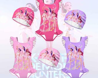 Kpop Demon Hunters Swimsuit for Girls, Huntrix Anime One Piece with Swim Cap Kids Swimwear, Cute Summer Beach Outfit, Toddler Kids Beachwear