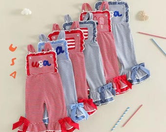 4 juli-sparkdräkt för småbarn, USA-patriotiska babykläder, röd vit blå jumpsuit, barnkläder för självständighetsdagen, amerikansk flagga-sparkdräkt för småbarn
