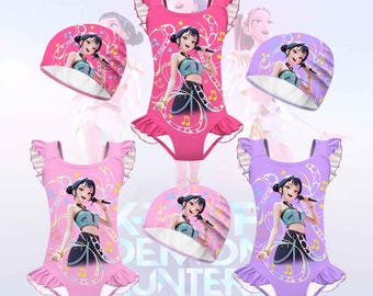 Kpop Demon Hunters Swimsuit for Girls, Huntrix Anime One Piece with Swim Cap Kids Swimwear, Cute Summer Beach Outfit, Toddler Kids Beachwear