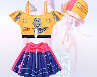 Rumi Kpop Demon Hunters Swimsuit for Girls, Huntrix Anime One Piece with Swim Cap Kids Swimwear, Cute Summer Beach Outfit, Toddler Beachwear