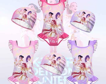Kpop Demon Hunters Swimsuit for Girls, Huntrix Anime One Piece with Swim Cap Kids Swimwear, Cute Summer Beach Outfit, Toddler Kids Beachwear
