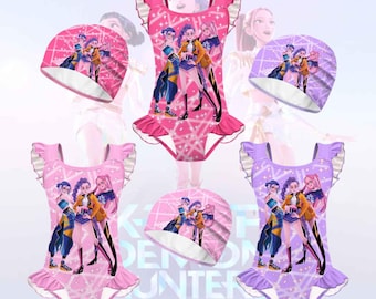 Kpop Demon Hunters Swimsuit for Girls, Huntrix Anime One Piece with Swim Cap Kids Swimwear, Cute Summer Beach Outfit, Toddler Kids Beachwear