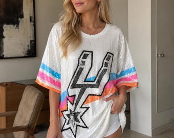 San Antonio Spurs Sequin Shirt Dress, Sparkly Spurs Game Day Dress, Texas Basketball Fan Sequin Top, Glam Sports Outfit, Spurs Party Dress