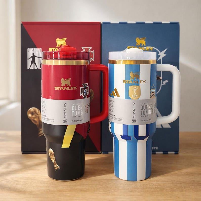Pu&ograve; includere: Due bicchieri Stanley Quencher con manico. Il bicchiere a sinistra &egrave; rosso e nero con una grafica a trofeo dorata. Il bicchiere a destra presenta strisce verticali blu e bianche, un emblema FIFA dorato e il numero 10. Entrambi hanno loghi Stanley dorati.