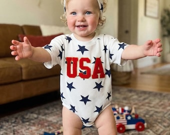 USA 250th Anniversary Baby Romper, 4th of July Baby Outfit with Headband, Patriotic Independence Day Clothes for Baby Boys Girls America 250