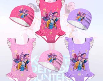 Kpop Demon Hunters Swimsuit for Girls, Huntrix Anime One Piece with Swim Cap Kids Swimwear, Cute Summer Beach Outfit, Toddler Kids Beachwear