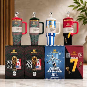 Pu&ograve; includere: Quattro bicchieri Stanley Quencher H2.0 con copripaglie a forma di pallone da calcio, ognuno con design e colori a tema. Sotto, quattro scatole di prodotto abbinate mostrano grafiche della Coppa del Mondo, immagini di giocatori e bandiere.