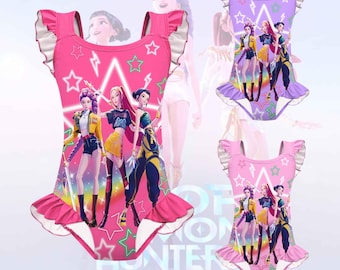 Kpop Demon Hunters Swimsuit for Girls, Huntrix Anime One Piece with Swim Cap Kids Swimwear, Cute Summer Beach Outfit, Toddler Kids Beachwear