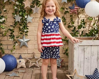 Toddler Baby Girls 4th of July Outfit Set, Patriotic Star Stripe Clothes, USA Independence Day Kids Set, Red White Blue Summer Outfit