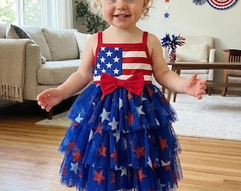 4th of July Toddler Girl Dress, Patriotic Star Stripe Dress for Kids, USA Independence Day Outfit, Red White Blue Summer Dress