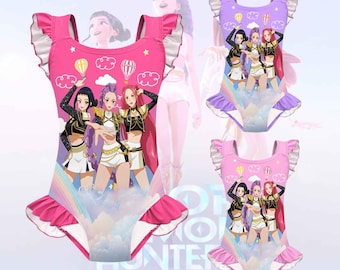 Kpop Demon Hunters Swimsuit for Girls, Huntrix Anime One Piece with Swim Cap Kids Swimwear, Cute Summer Beach Outfit, Toddler Kids Beachwear