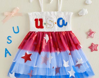 USA Independence Day Toddler Dress, 4th of July Girls Tutu Dress, Patriotic Star Mesh Dress, Red White Blue Kids Outfit, America Party Dress