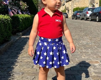 Girls 4th of July Outfit Set, Patriotic Star Stripe Clothes, Sleeveless Lapel Tank Top Set, Independence Day Kids Outfit, USA Summer Clothes