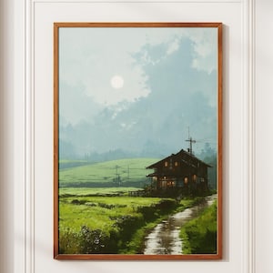 May include: A framed landscape art print featuring a Japanese-style house in a green field. The artwork depicts a serene scene with a dirt path, a bright moon, and a cloudy sky. The frame is a warm brown color.