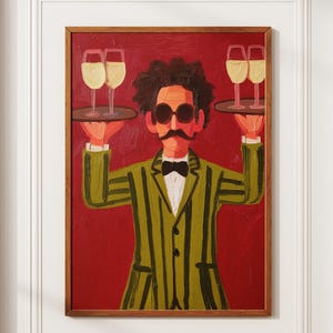 Vintage Waiter Oil Painting Print, Retro Bar Wall Art, Wine Glass Server Poster, Kitchen Cafe Decor, Funny Bartender Gift, Digital Download