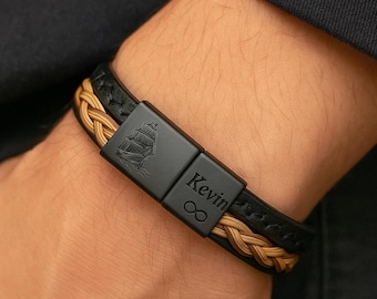 Pulsera trenzada de cuero para hombre, pulsera tejida en negro y marrón, cierre magnético, joyería minimalista moderna, regalo para él.