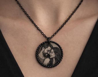 Personalized Photo Necklace, Custom Name Engraved Black Round Pendant, Couples Necklace, Anniversary Gift for Her