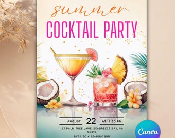 Invitación para fiesta de cóctel de verano: Diseño tropical moderno (Plantilla editable de Canva – Descarga digital)