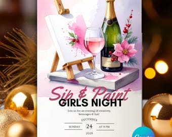 Invitación navideña para pintar y beber: Noche de chicas, Canva editable (descarga digital)