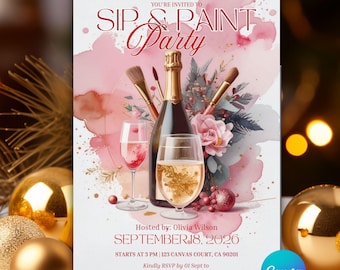 Invitación a fiesta navideña de pintura y vino: Noche de pintura (Plantilla editable de Canva – Descarga digital)