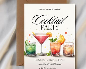 Invitación editable para fiesta de cóctel: Tema elegante para brindar y celebrar (Plantilla editable de Canva – Descarga digital imprimible)