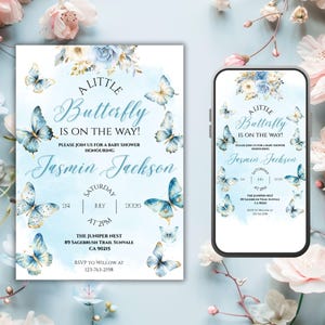 Una piccola farfalla è in arrivo - Invito per baby shower per ragazzo / Invito per baby shower con farfalla blu modificabile / Modello Canva stampabile