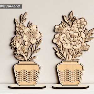 Pacchetto di file SVG per decorazioni con fiori in vaso, taglio laser di vasi in legno, vaso in legno in formato SVG, file SVG Glowforge, download digitale, regalo per la casa in formato SVG
