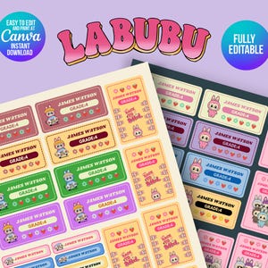 Labubu School Labels, editable name tags for kids, labubu name tags, Kawaii school labels, Printable Back to School Stickers, labubu sticker