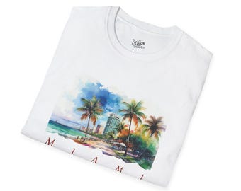 T-shirt Miami Beach, t-shirt vacances tropicales, vêtements de plage palmiers, chemise souple unisexe, chemise d'été aquarelle en Floride, cadeau de voyage