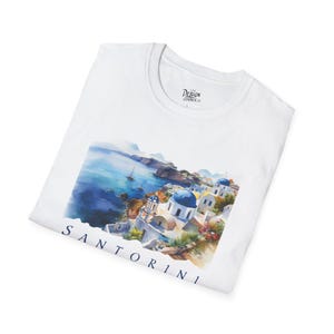 Santorini T-Shirt, Greek Island Travel Shirt, Gift, Watercolor Summer Casual Vacation Wear, Beach Day Outfit, Art Print Tee, Greece souvenir