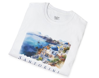 Santorini T-Shirt, Greek Island Travel Shirt, Gift, Watercolor Summer Casual Vacation Wear, Beach Day Outfit, Art Print Tee, Greece souvenir