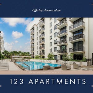 May include: An image of a modern apartment complex with a swimming pool. The text "Offering Memorandum" is at the top, and "123 Apartments" is at the bottom. The building has balconies and is surrounded by palm trees.